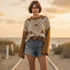 Wrangler Retro Southwestern Geometric Sweater Mustard Yellow Boho Cowgirl M